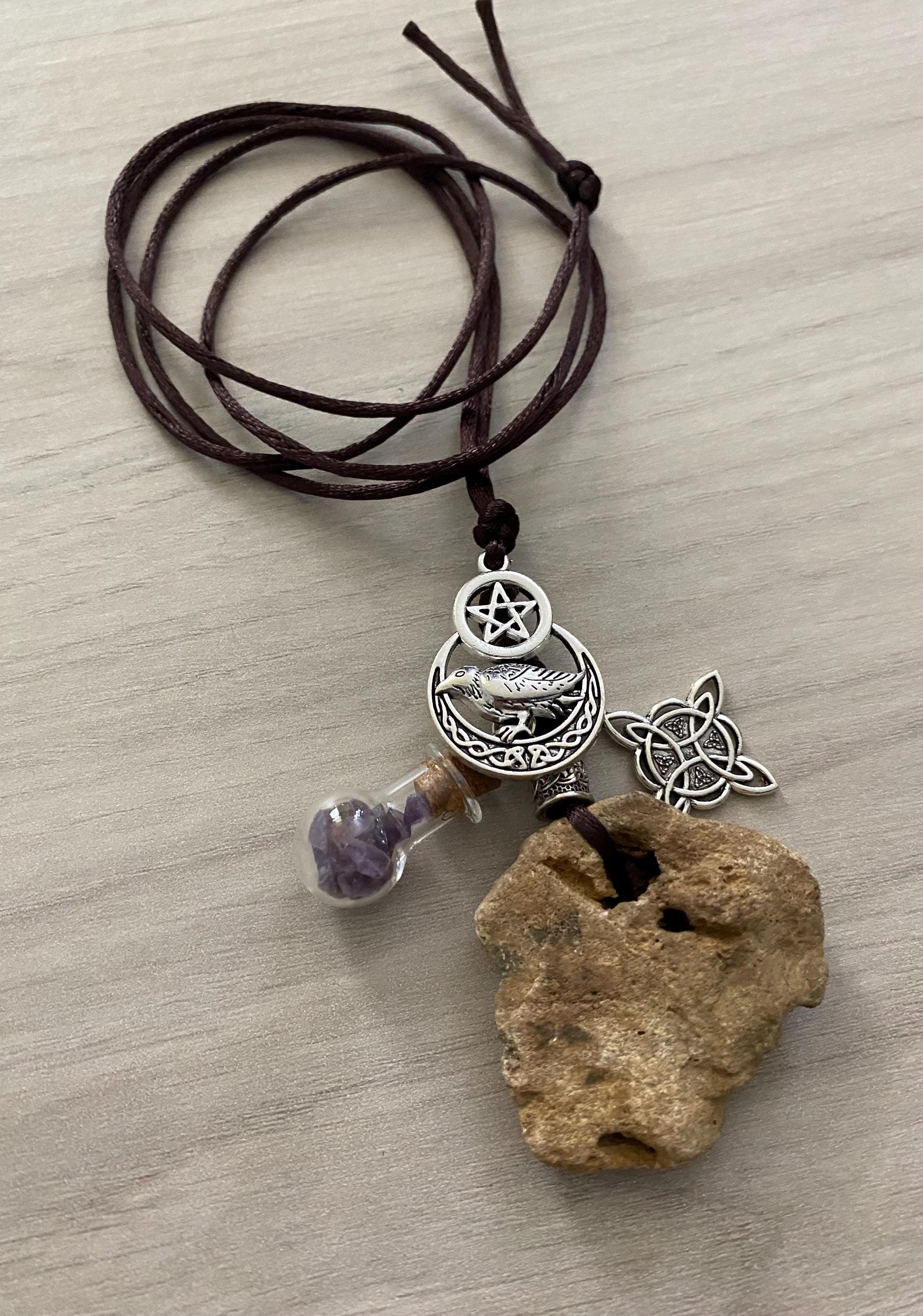 Hag Stone Witch Knot Raven Pentacle Necklace Vial of Amethyst ...