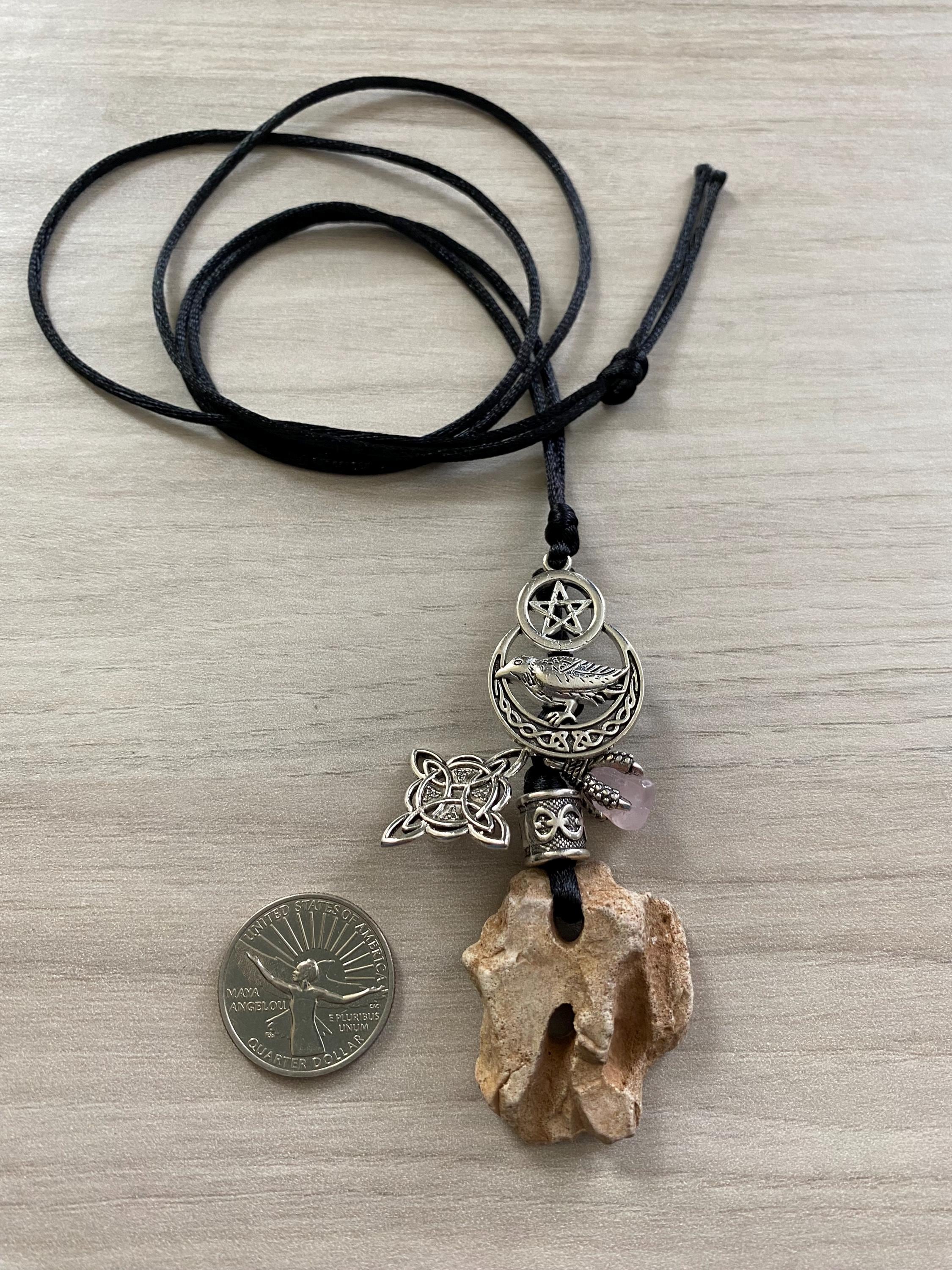 Hag Stone Raven Pentacle Necklace Witch Knot Rose Quartz Crystal Love ...