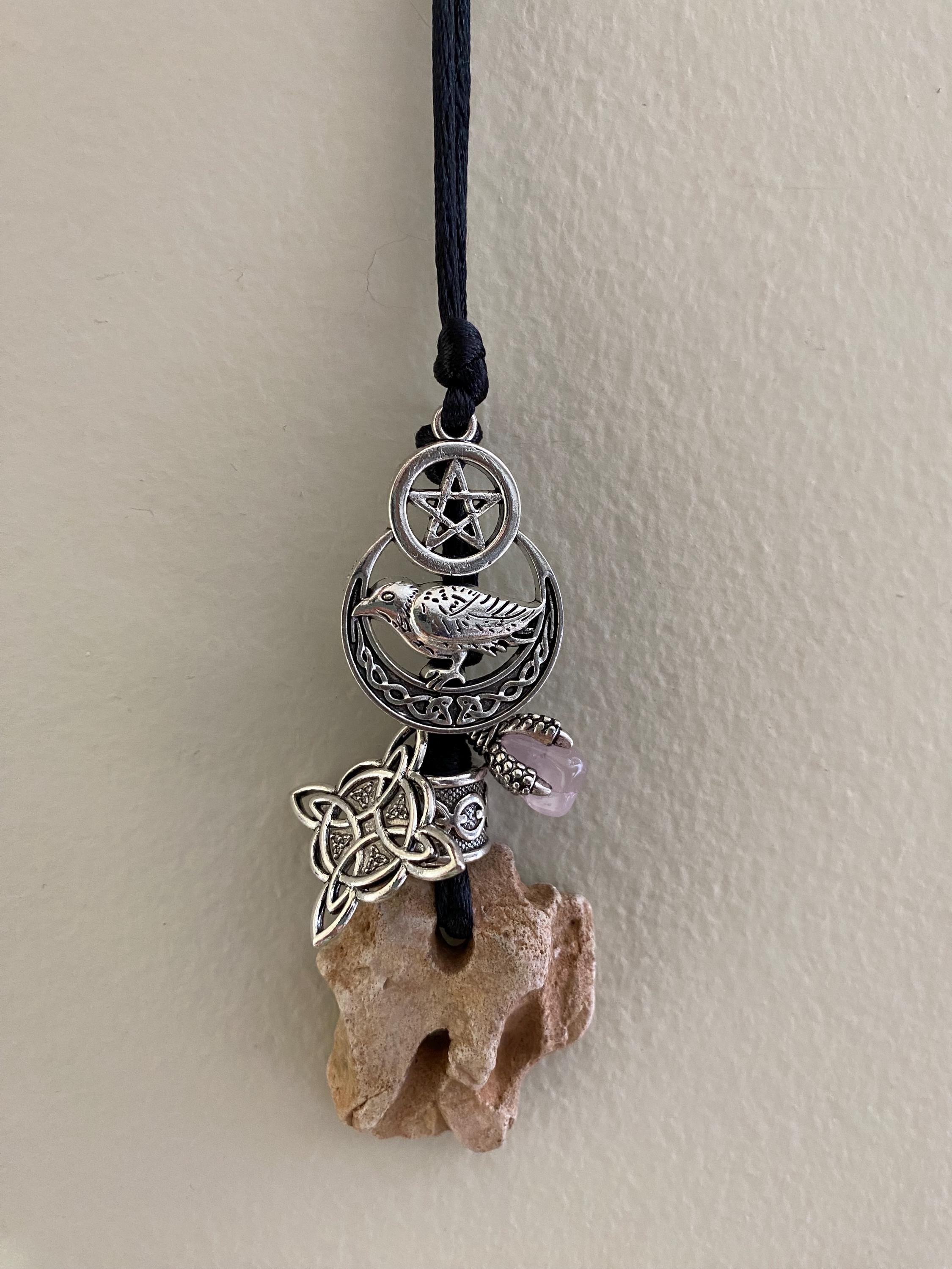 Hag Stone Raven Pentacle Necklace Witch Knot Rose Quartz Crystal Love ...