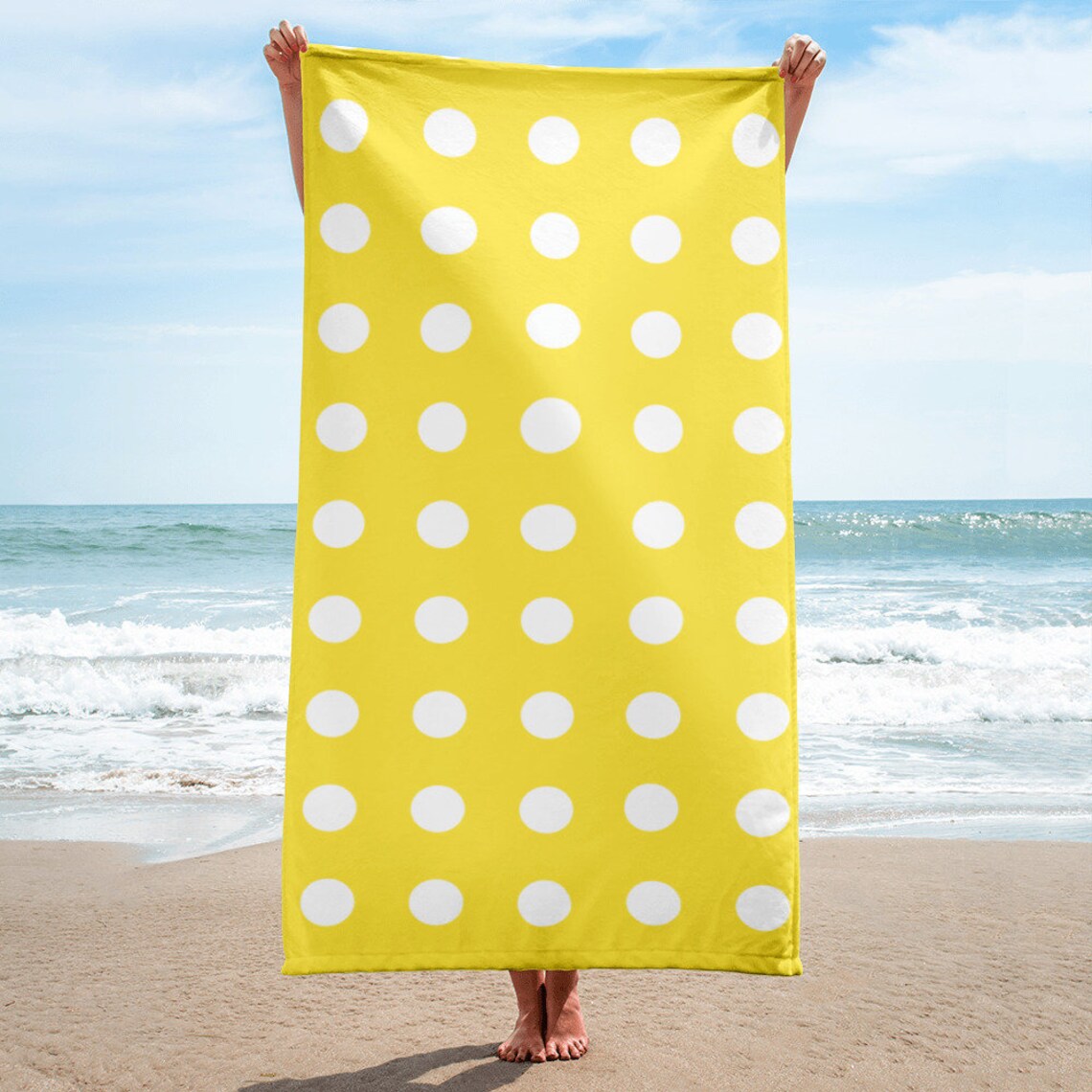 Yellow Beach Towel With White Polka Dots Etsy
