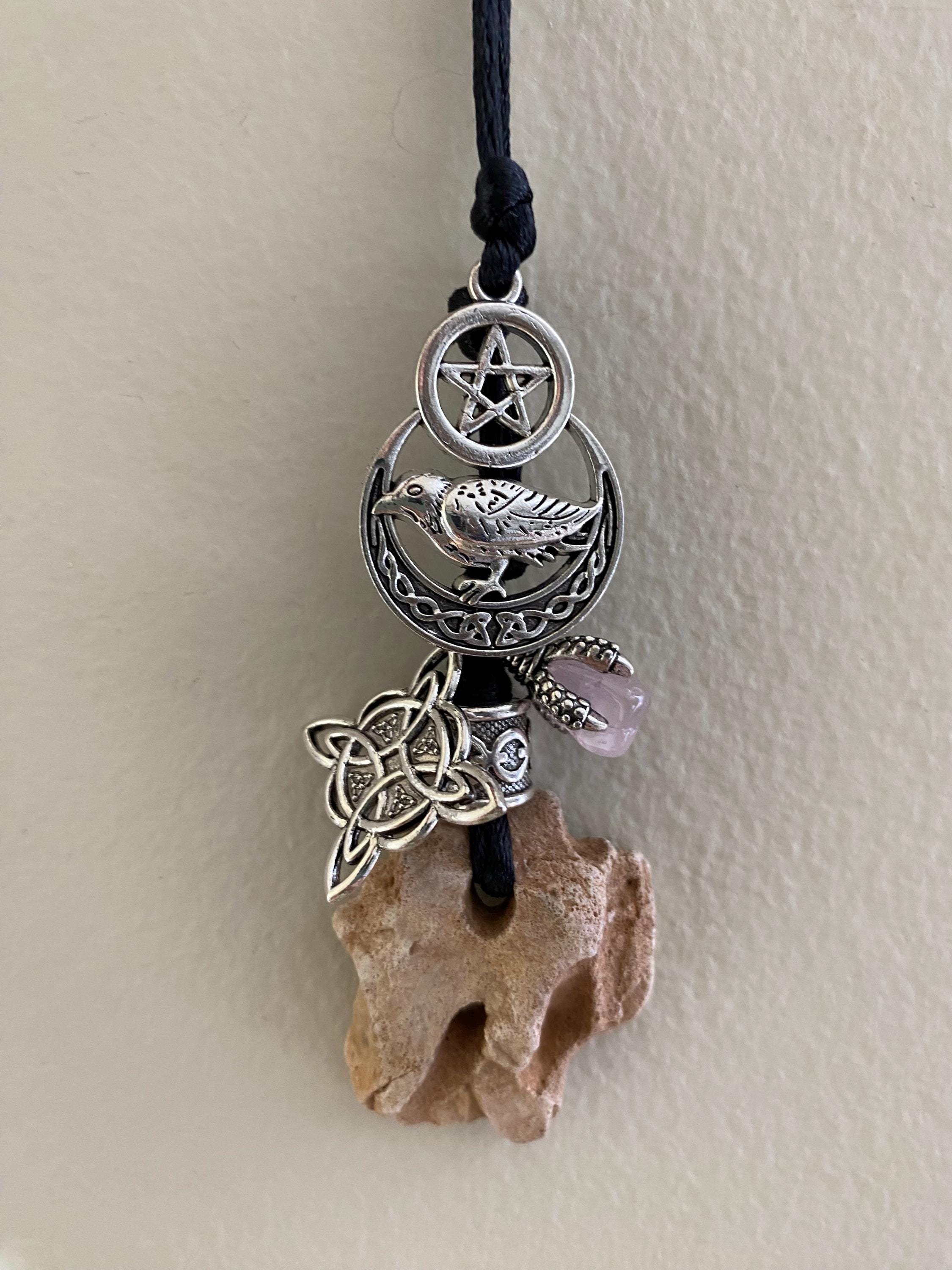 Hag Stone Raven Pentacle Necklace Witch Knot Rose Quartz Crystal Love ...