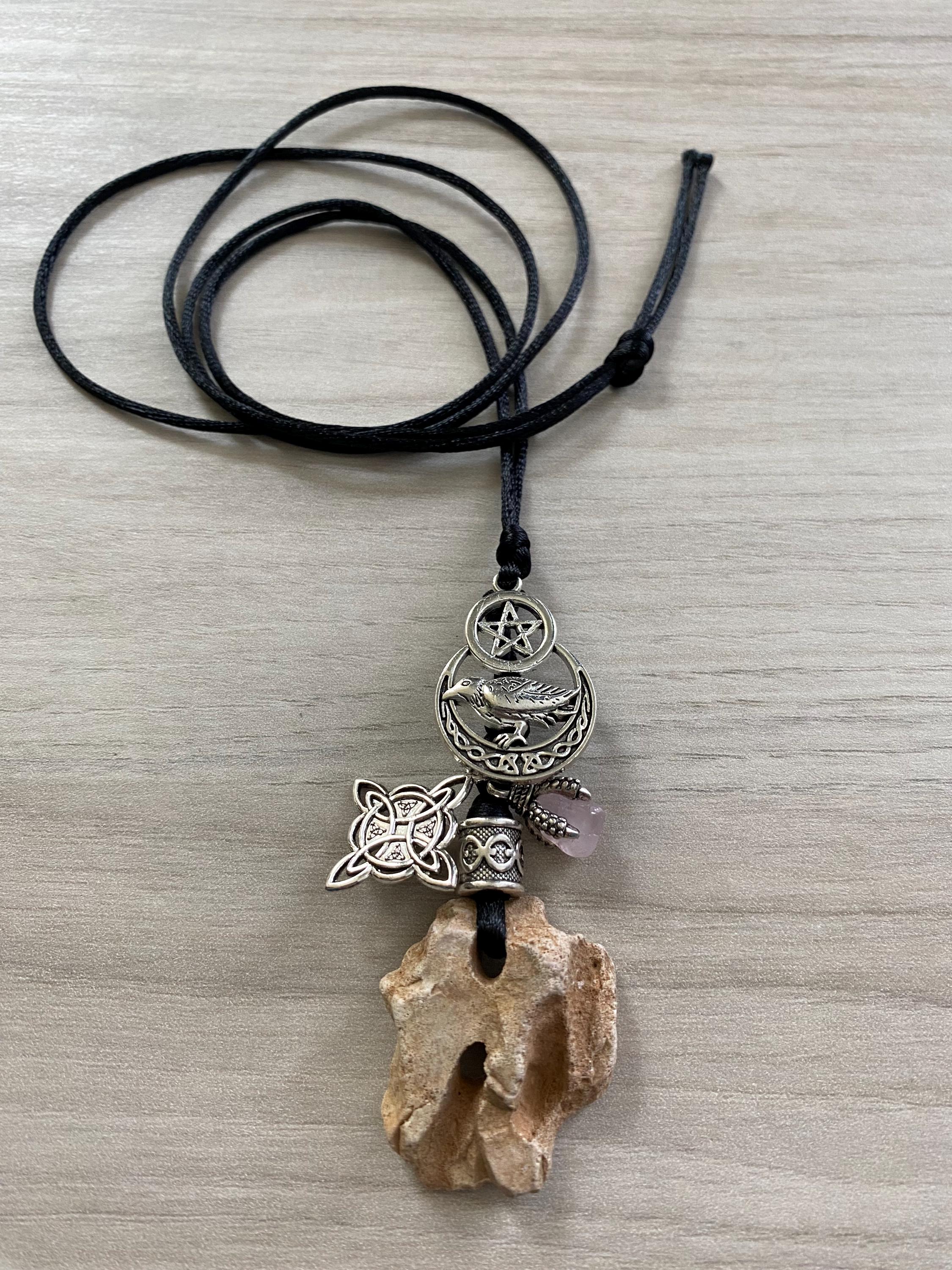 Hag Stone Raven Pentacle Necklace Witch Knot Rose Quartz Crystal Love ...