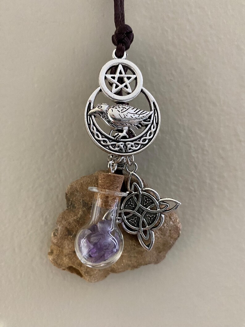Hag Stone Witch Knot Raven Pentacle Necklace Vial of Amethyst ...