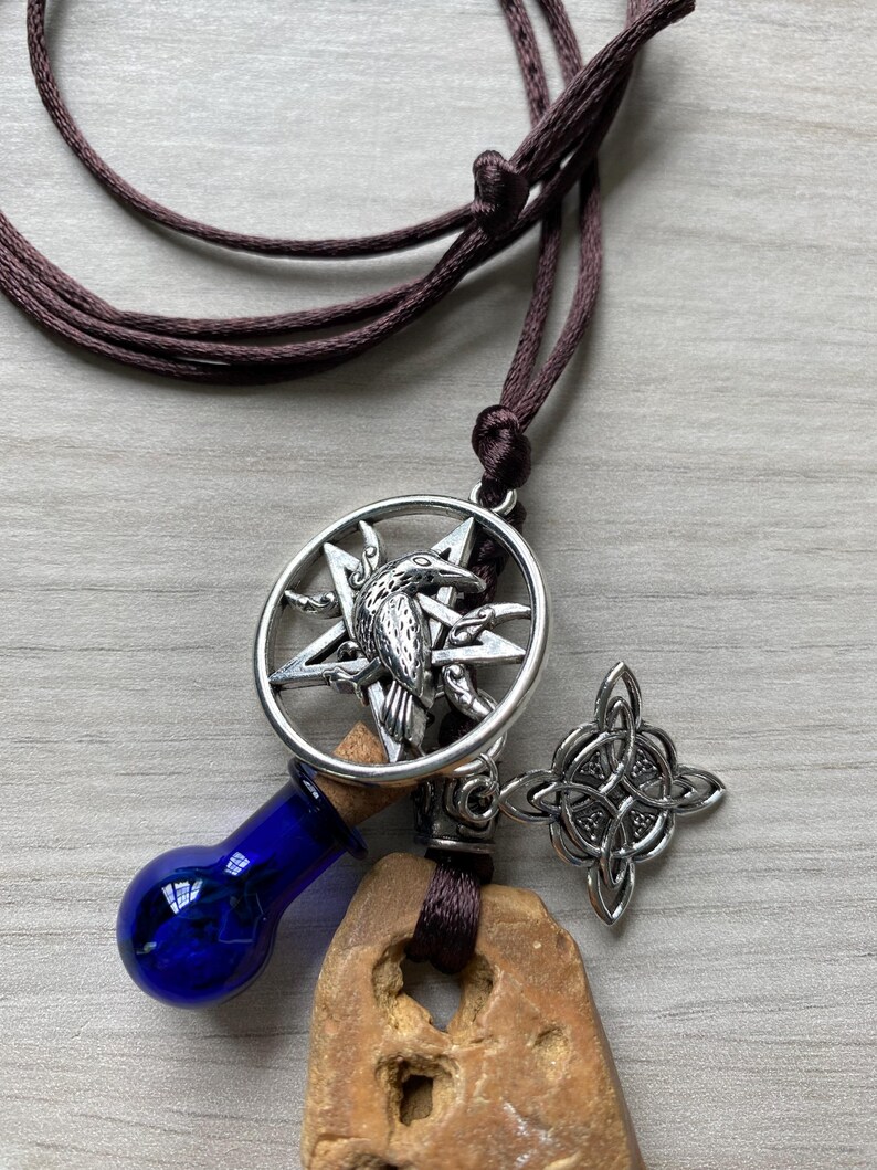 Hag Stone Raven Pentacle Witch's Knot Necklace Amethyst Thyme Spiritual ...