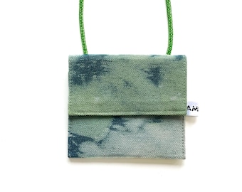 Sustainable denim neck pouch, handmade, batik dyed, with choice of drawstring, unique bag, handmade bag, neck pouch