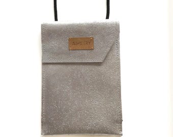 Vegan phone case, phone pouch, cork crossbody phone case, silver bag, cork phone case, crossbody bag, asymmetrical bag