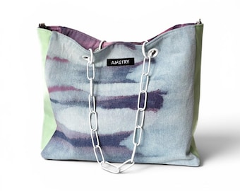 Bolso de hombro de mezclilla teñida a mano, menta y rosa, bolso de cadena con correa intercambiable, pieza única hecha a mano, estilo años 80, bolso tote de mezclilla, bolso sostenible