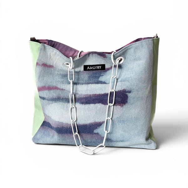 Handgefärbte Denim Schultertasche, Mint & Pink, Kettentasche mit Wechselgurt, Handmade Unikat, 80s Style, Denim Tote Bag, nachhaltige Tasche