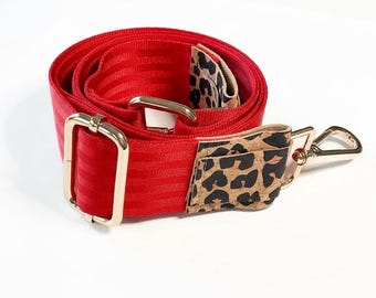 Red bag strap, shoulder strap, camera strap, guitar strap, vegan strap, safety strap, leopard print, crossbody strap