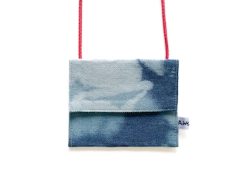 Sustainable denim neck pouch, handmade, batik dyed, with choice of drawstring, unique bag, handmade bag, neck pouch