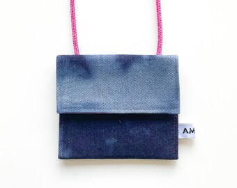 Sustainable denim neck pouch, handmade, batik dyed, with choice of drawstring, unique bag, handmade bag, neck pouch