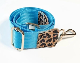 Turquoise bag strap, bag strap, shoulder strap, camera strap, guitar strap, vegan strap, safety strap, leopard print, crossbody strap