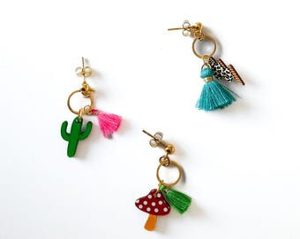 Colorful stud earrings with wooden pendants and tassels, customizable, festival jewelry, colorful boho jewelry, wooden earrings, western jewelry