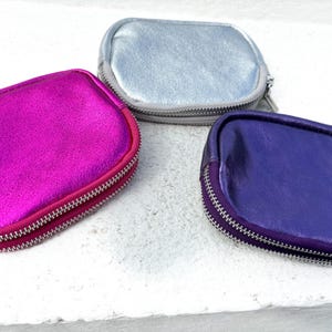Kleine Metallic Leder Geldbörse mit zwei Reißverschlüssen, Geldbeutel Echtleder, Glitzer Geldbörse