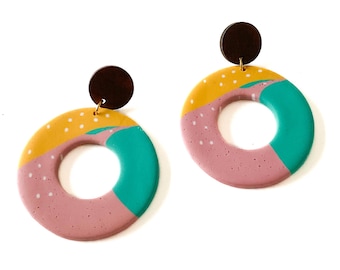 Large colorful hoop earrings made of polymer clay with walnut wood posts, handmade jewelry, polymer clay jewelry, art jewelry, colorful earrings