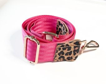 Pink bag strap, bag strap, shoulder strap, camera strap, guitar strap, vegan strap, safety strap, leopard print, crossbody strap