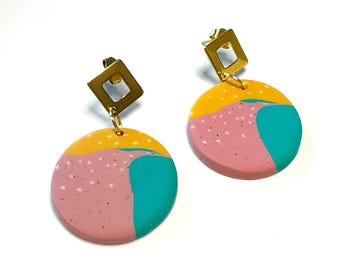 Colorful polymer earrings with geometric studs, patterned earrings, statement earrings, art jewelry, colorful earrings, patterned earrings