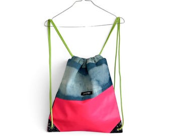 Bolso con cordón hecho a mano de mezclilla, mochila para festivales, artículo único, bolso vegano, bolso de gimnasio, bolso vaquero, bolso deportivo