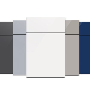 May include: Five cabinet doors in different colors: black, light gray, white, light gray, and dark blue.