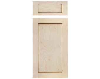 May include: A light wood cabinet door with a raised panel design. The door has a simple, rectangular frame and a single, centered panel.