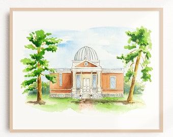 Lámina artística en acuarela del Observatorio de Cincinnati, retrato de la torre de astronomía