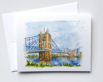 Tarjeta de felicitación en acuarela del puente colgante de Roebling, papelería de Cincinnati