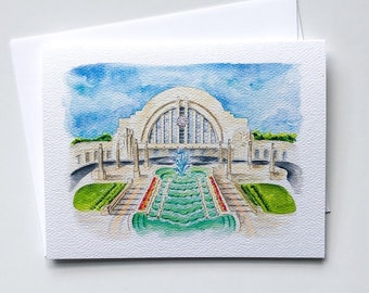 Juego de tarjetas de felicitación en acuarela de la estación Union Terminal de Cincinnati