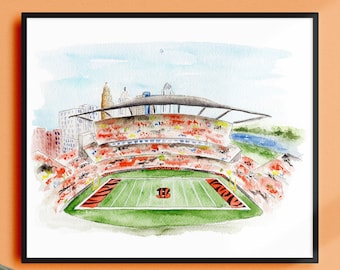 Lámina artística en acuarela del estadio de los Cincinnati Bengals, Who Dey, horizonte urbano.