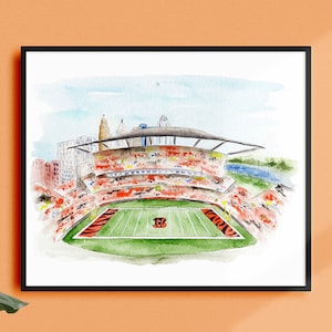 Stampa artistica dei Cincinnati Bengals, opera d&#39;arte di Who Dey Cincinnati, skyline di Cincinnati, ritratto personalizzato, pittura ad acquerello, arte ad acquerello di Cincinnati