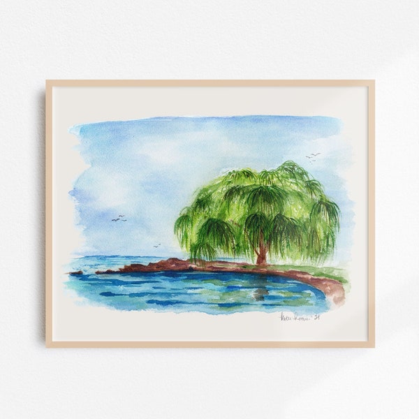 Edgewater Willow Cleveland PRINT, Weeping Willow Painting, Cleveland Edgewater Park, Cleveland gift, Willow tree painting wall Art