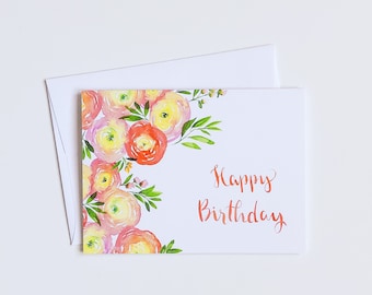 Happy Birthday Floral Greeting Card, Watercolor Notecards, Floral Stationery, Blank Greeting Card, Set of Greeting Cards