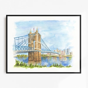 Roebling Suspension Bridge Art Print, Cincinnati artwork, Cincinnati skyline, Custom portrait, Watercolor painting Cincinnati watercolor art