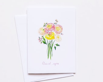 Thank You Floral Greeting Card, Watercolor Notecards, Floral Stationery, Blank Greeting Card, Set of Greeting Cards