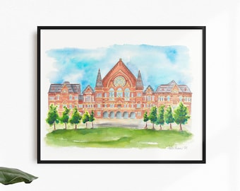 Grabado del Cincinnati Music Hall, pintura original en acuarela.