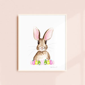 Easter Bunny Watercolor PRINT, Easter Egg Artwork, Easter Decor, Woodland Animal Art, Woodland Creature Painting image 1