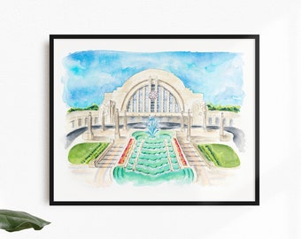 Lámina artística en acuarela de la estación Union Terminal de Cincinnati, estilo Art Déco.