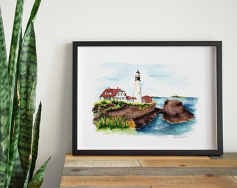 Lámina de acuarela del faro de Portland Head, arte costero de Maine (5x7)
