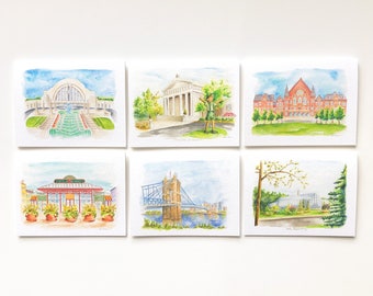 Juego de tarjetas de felicitación en acuarela con lugares emblemáticos de Cincinnati
