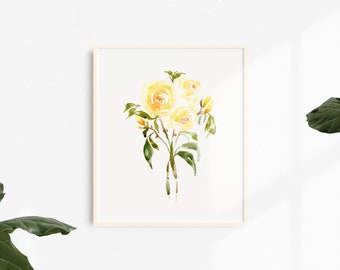 Yellow Roses Watercolor PRINT, Botanical Wall Art, Custom watercolor, Gift for gardener, Floral home decor, Flower Arrangement, Yellow decor