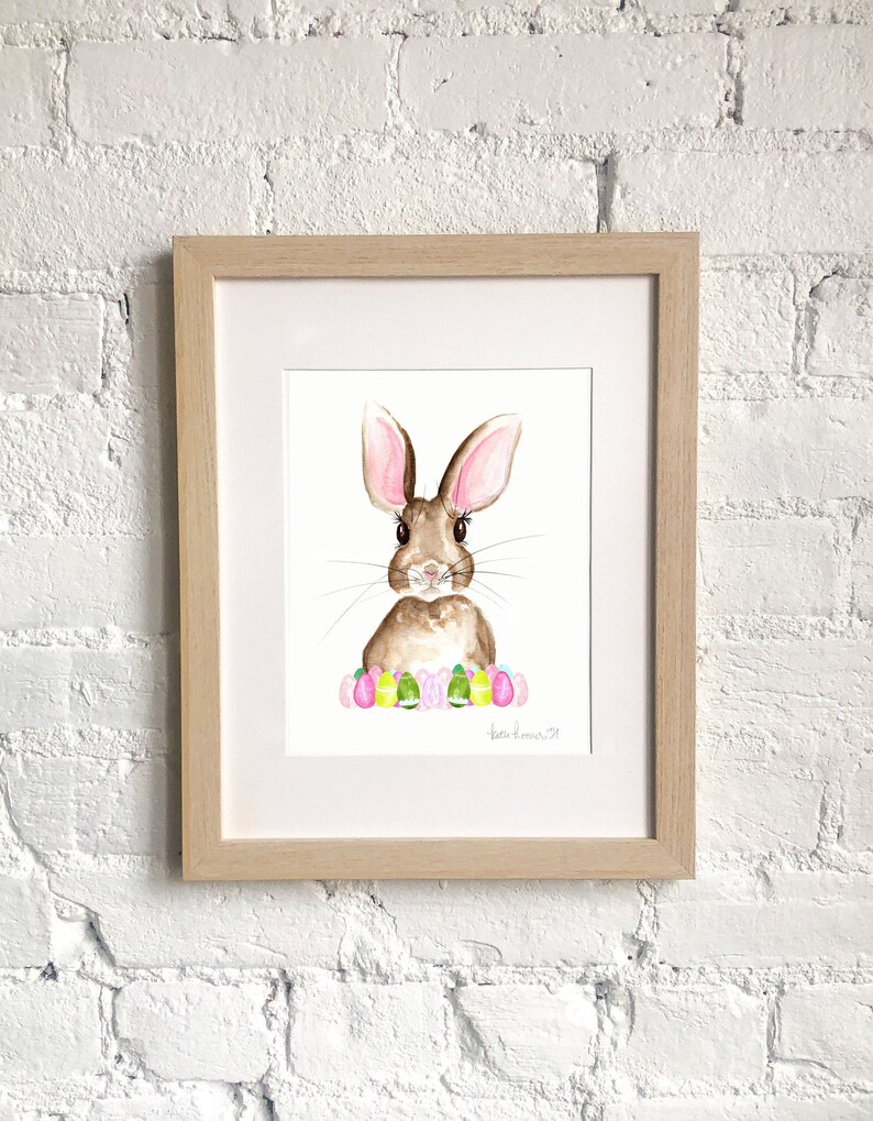 Easter Bunny Watercolor PRINT, Easter Egg Artwork, Easter Decor, Woodland Animal Art, Woodland Creature Painting image 3