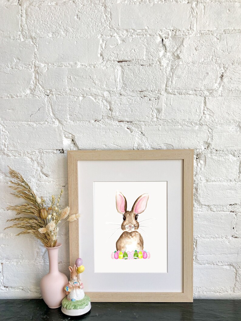 Easter Bunny Watercolor PRINT, Easter Egg Artwork, Easter Decor, Woodland Animal Art, Woodland Creature Painting image 2