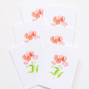 Tarjeta de felicitación floral tulipanes, tarjetas de notas de acuarela, papelería floral, tarjeta de felicitación en blanco, conjunto de tarjetas de felicitación