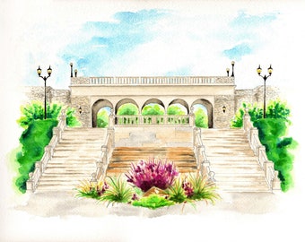 Acuarela de Ault Park, Cincinnati, lámina artística para bodas.