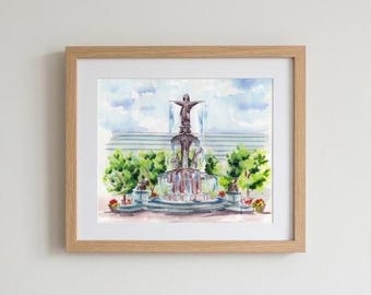 Acuarela de la Plaza de la Fuente de Cincinnati, lámina artística para bodas.