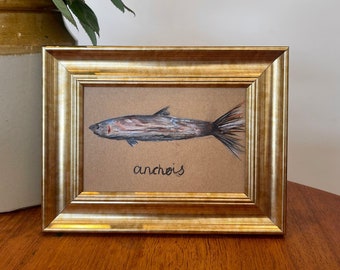 Anchovy Pastel Drawing | Original Artwork ‘Anchois’ | Art for Kitchen | Painting of Fish | Seafood Painting | Bathroom Art | handmade art