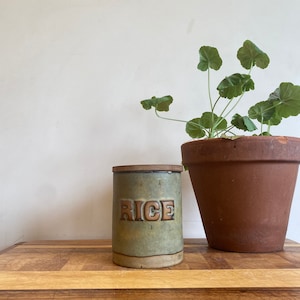 Könnte beinhalten: Ein grüner Keramikbehälter mit der Aufschrift "RICE" in braunen Buchstaben. Der Behälter steht auf einer Holzoberfläche neben einer Topfpflanze.