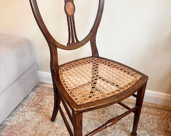 Antique Edwardian Wooden and Cane Shield Back Dining Chair with Cane Seat