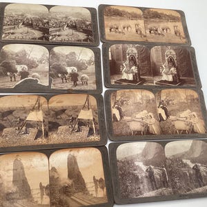 Stéréoscope/vue stéréoscopique antique, un jeu de 8 cartes, paysage, architecture et vie quotidienne.