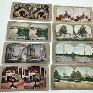 Stéréoscope/cartes stéréoscopiques anciennes, 8 photos représentant la Maison Blanche, la chambre rouge, la chambre bleue récemment rénovée, etc.