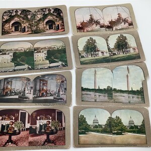 May include: A collection of vintage stereoscopic cards featuring historical landmarks and scenes. The cards depict buildings, monuments, and interiors, including the White House, Washington Monument, and U.S. Capitol. The cards are in sepia tones with color accents.